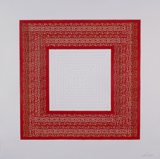 Anila Quayyum Agha, ‘Flowers (Red and White Squares)’, 2017, Drawing, Collage or other Work on Paper, Mixed media on paper (encaustic red square with white stitching in center), Sundaram Tagore Gallery