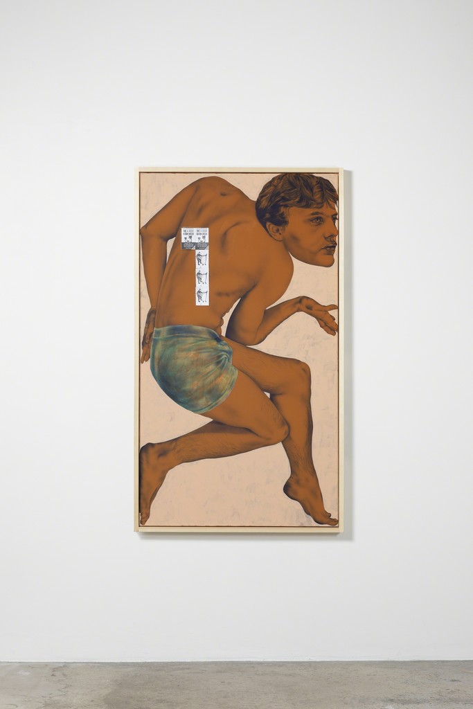 Zoe Barcza
Self-Portrait as Michael Pitt (Escape the 9-5, Live Anywhere and Join the New Rich), 2018
Acrylic, vinyl paint and collage on canvas, artist's frame
165 x 95 cm Zoe Barcza
Self-Portrait as Michael Pitt (Escape the 9-5, Live Anywhere and Join the New Rich), 2018
Acrylic, vinyl paint and collage on canvas, artist's frame
165 x 95 cm