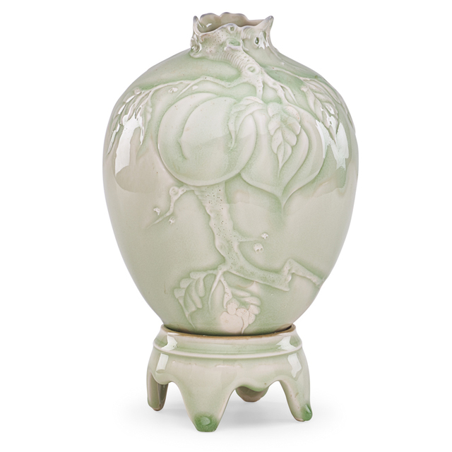 Cliff Lee, ‘Fine celadon vase with peaches on branch on stand, Stevens, PA’, 1989, Rago/Wright
