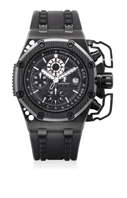 Audemars Piguet, ‘A very fine and rare blackened titanium limited edition chronograph wristwatch with oversized chronograph pusher guards, date, certificate and presentation box, numbered 799 of a limited edition of 1000 pieces’, 2009, Phillips