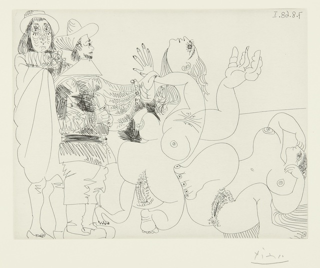 Pablo Picasso, ‘Jeune seigneur fantoche avec un reître, et deux femmes nues (B. 1734; Ba. 1751)’, 1968, Print, Etching, Sotheby's