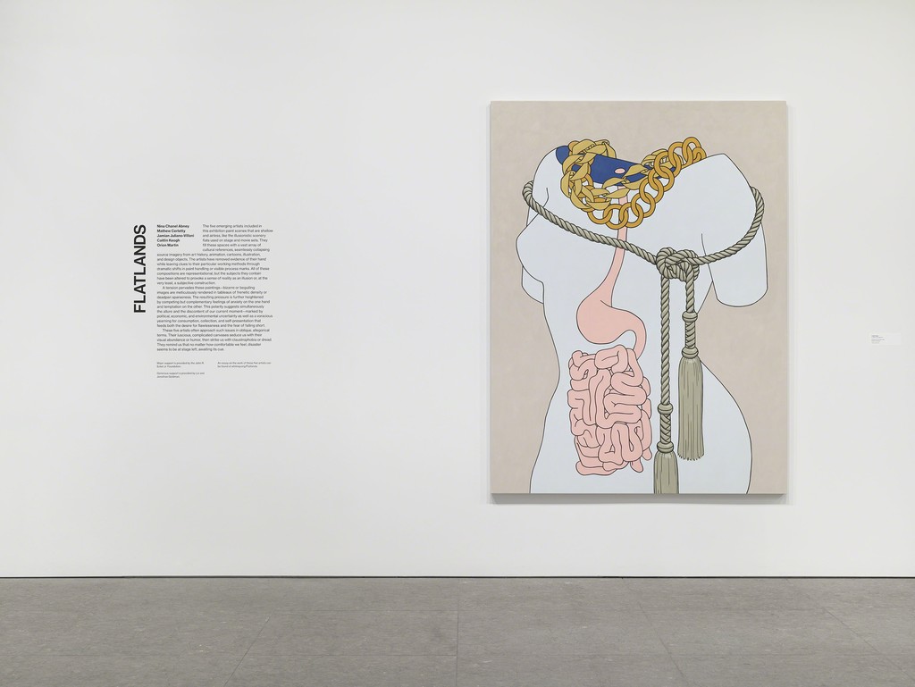 Installation view of Flatlands (Whitney Museum of American Art, NY, January 14 – April 18, 2016). From left to right: Caitlin Keogh, Intestines and Tassels, 2015 (E.2015.0910). Photography by Ronald Amstutz. Installation view of Flatlands (Whitney Museum of American Art, NY, January 14 – April 18, 2016). From left to right: Caitlin Keogh, Intestines and Tassels, 2015 (E.2015.0910). Photography by Ronald Amstutz.