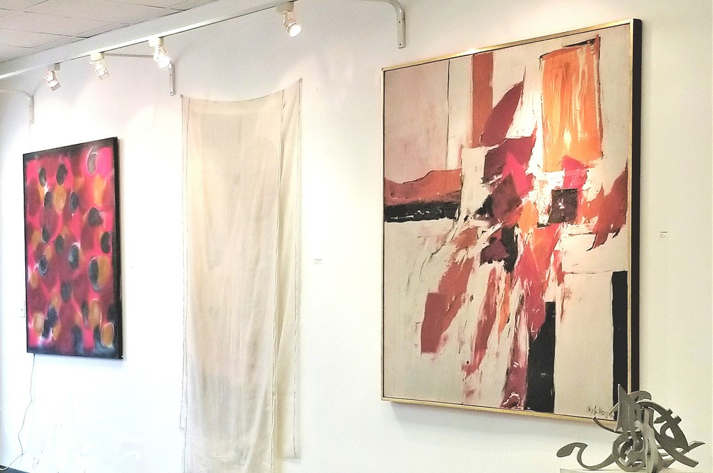 From left: Kenneth Victor Young, Untitled c. 1969, acrylic on canvas, 54" x 53"; Robert Rauschenberg, "Scent (from Hoarfrost Editions)" 1974, offset lithograph and transfers in color on silk taffeta with collage, 86" x 50"; Kyle Morris, Untitled 1960, acrylic on canvas, 60" x 60" From left: Kenneth Victor Young, Untitled c. 1969, acrylic on canvas, 54" x 53"; Robert Rauschenberg, "Scent (from Hoarfrost Editions)" 1974, offset lithograph and transfers in color on silk taffeta with collage, 86" x 50"; Kyle Morris, Untitled 1960, acrylic on canvas, 60" x 60"