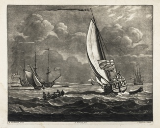 English sailing ships preparing to set sail, the crew rowing out, after Willem van de Velde the Younger