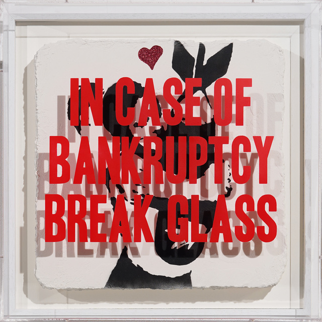 Thirsty Bstrd, ‘In Case of Bankruptcy - Banksy Bomb Hugger Red Glitter’, 2020, Painting, Mixed media spray paint on plaster and plexiglas box, Bel-Air Fine Art