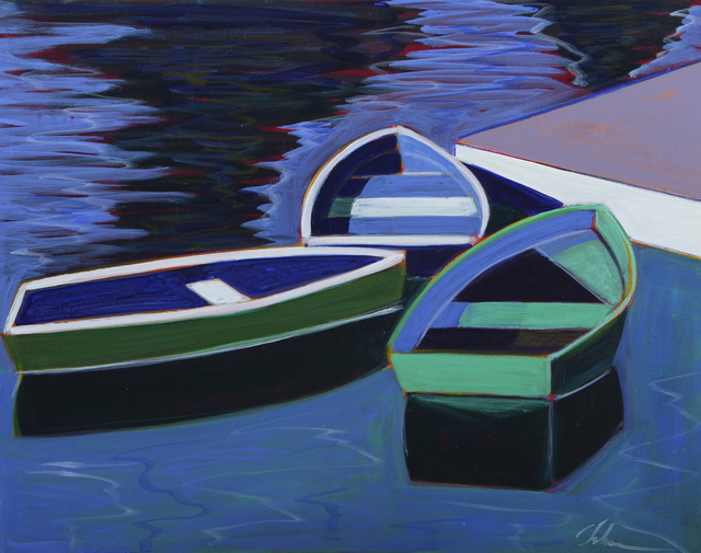 Melissa Chandon, ‘Three Boats with Violet Dock’, 2019, Painting, Acrylic on Canvas, Caldwell Snyder Gallery