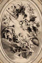 A group of five works: Virgo quem genuit and Adoravit by Schelte A. Bolswert (Dutch, 1586-1659), Madonna and Child by Jonah Svyderhoef (Dutch, 1613-1686), Apotheosis of James I by Lucas Vorsterman (Flemish, 1595-1675), and Holy Family by Jan Witdoeck (Flemish, c. 1615-1642)