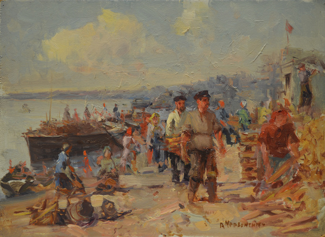 Aleksandr Nikiforovich Chervonenko, ‘Unloading the boats’, 1952, Surikov Foundation