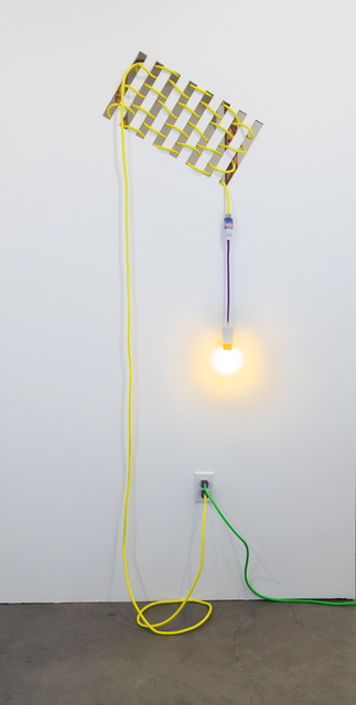 Dana Hemenway, ‘Untitled (Drywall Weave – Yellow)’, 2016, Sculpture, Laser cut drywall, wood, extension cord, custom fixture, colored compact fluorescent light bulb, Eleanor Harwood Gallery