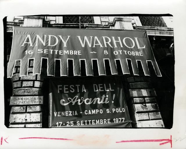 Andy Warhol, ‘Andy Warhol, Photograph of Andy Warhol Exhibition Banner in Venice, Italy, 1977’, 1977, Hedges Projects