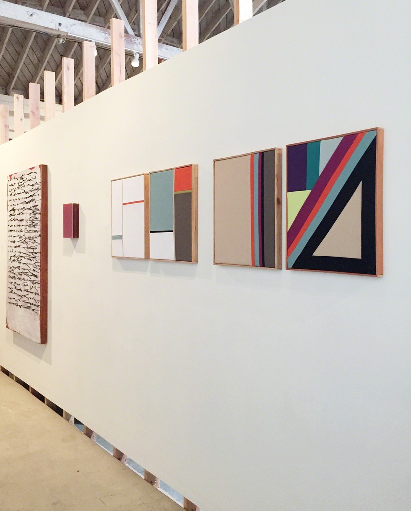 Fabric pieces by Meike Legler, resin wall sculpture by Krista Bonelli, Caulking on board byTony Brown (from right to left) Fabric pieces by Meike Legler, resin wall sculpture by Krista Bonelli, Caulking on board byTony Brown (from right to left)