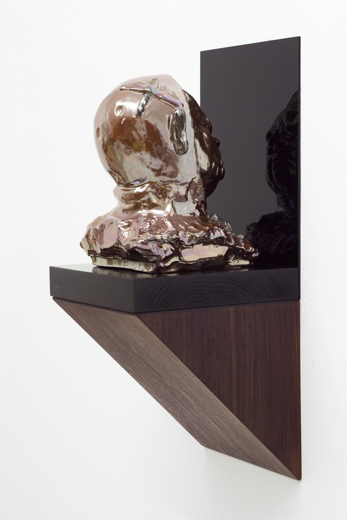 Sebastian Neeb, An intelligent man is sometimes forced to get drunk to pass the time between the idiots, 2013, Glazed ceramic on ebonised wood base, rosewood veneered wall console, Perspex, 60 x 25 x 26 cm (Ceramics ø 26 cm) Sebastian Neeb, An intelligent man is sometimes forced to get drunk to pass the time between the idiots, 2013, Glazed ceramic on ebonised wood base, rosewood veneered wall console, Perspex, 60 x 25 x 26 cm (Ceramics ø 26 cm)