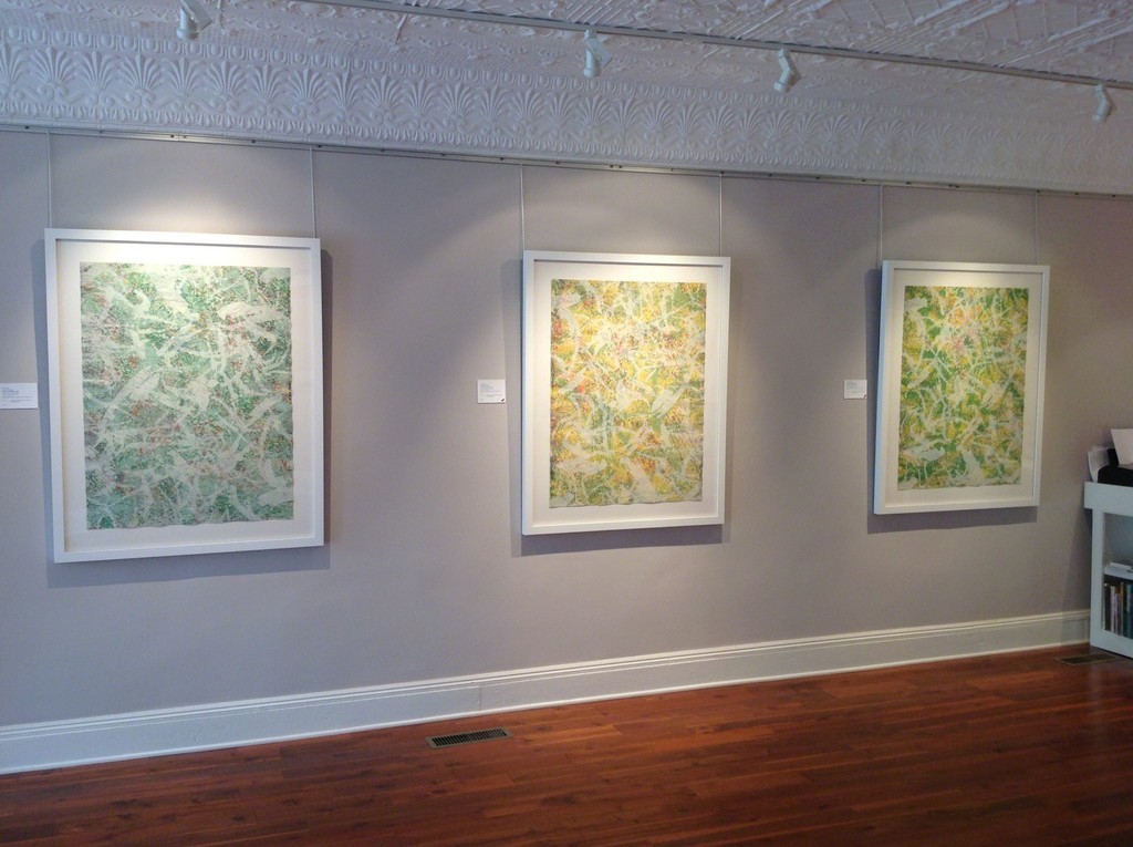 Dark Green Marathon, Yellow Marathon and Light Green Marathon on display, all by Sam Gilliam Dark Green Marathon, Yellow Marathon and Light Green Marathon on display, all by Sam Gilliam