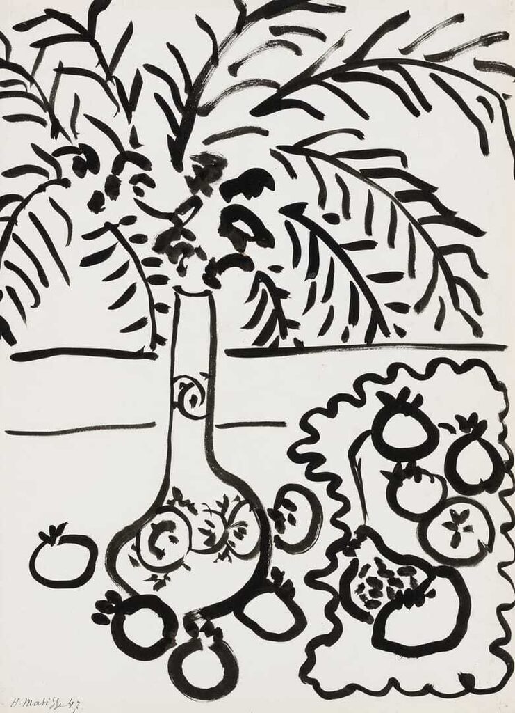 Nature morte, fougères et grenades