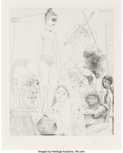 Pablo Picasso, ‘Autoportrait transposé et dédoublé rêvant au cirque, avec Jacqueline en acrobate à la boule, plate 9, from Séries 347’, 1968, Heritage Auctions