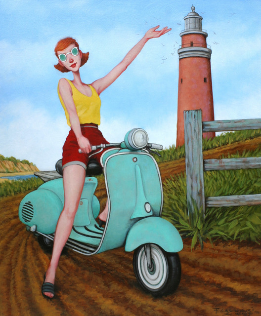 Fred Calleri, ‘''Taking Turns'' oil painting of a redheaded woman on a turquoise vespa at Aquinnah Lighthouse’, 2019, Eisenhauer Gallery