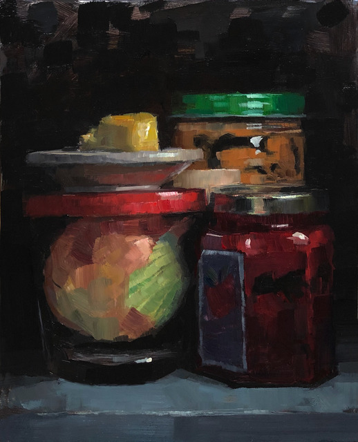 Tom Giesler, ‘Peanut butter onion butter jelly: peanutbutter, onion in jar, salted butter, strawberry jam’, 2019, Painting, Oil on panel, McVarish Gallery