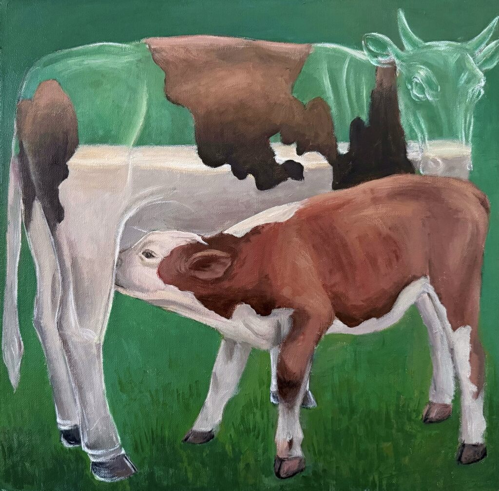 Tianhao, Human Condition V, 2026. A mother cow rendered as a transparent glass vessel filled with milk, while a calf drinks from her.