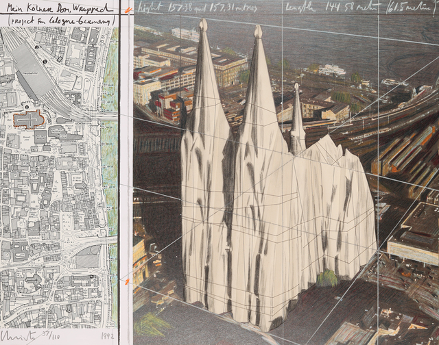 Christo and Jeanne-Claude, ‘Mein Kölner Dom, Wrapped (Project for Cologne Germany)’, 1992, Print, Lithograph and collage, Galerie Boisseree