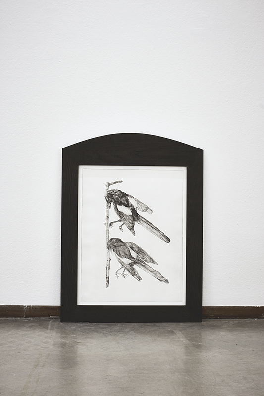 Astrid Ehlers: "Next year’s bones don’t smell clean yet, magpies", 2013, drypoint on paper, framed, 90 x 75 cm Astrid Ehlers: "Next year’s bones don’t smell clean yet, magpies", 2013, drypoint on paper, framed, 90 x 75 cm