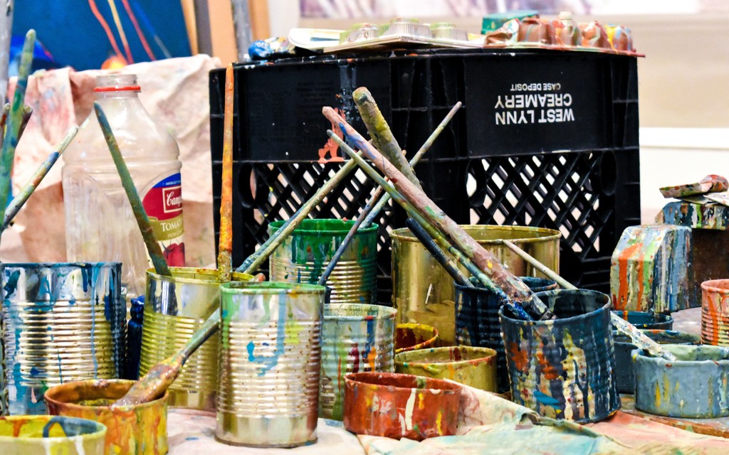 Supplies from Robert S. Neuman's studio. He was never fussy about his tools; soup cans, hardware store paint brushes and empty plastic bottles suited him just fine. Supplies from Robert S. Neuman's studio. He was never fussy about his tools; soup cans, hardware store paint brushes and empty plastic bottles suited him just fine.
