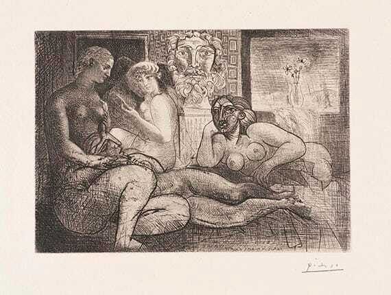 Pablo Picasso - Quatre femmes nues et tête sculptée / Femmes entre elles avec voyeur sculpté clin d´oeil au bain turc