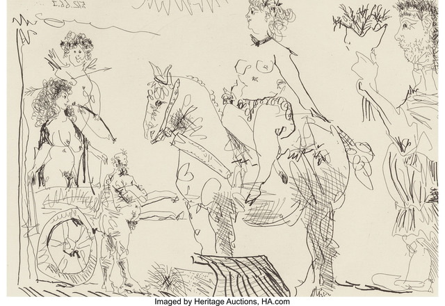 Pablo Picasso, ‘Scène de théâtre: Amazone, Vénus de foire, homme au bouquet, pl. II, from Le Cocu Magnifique’, 1968, Heritage Auctions