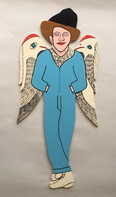 Howard Finster, ‘Elvis at 3 - with Birds on Wings’, 1990, Painting, Enamel and marker on wood, Beatrice Wood Center for the Arts