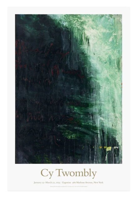 Abstract painting by Cy Twombly with green and black tones on a white background.