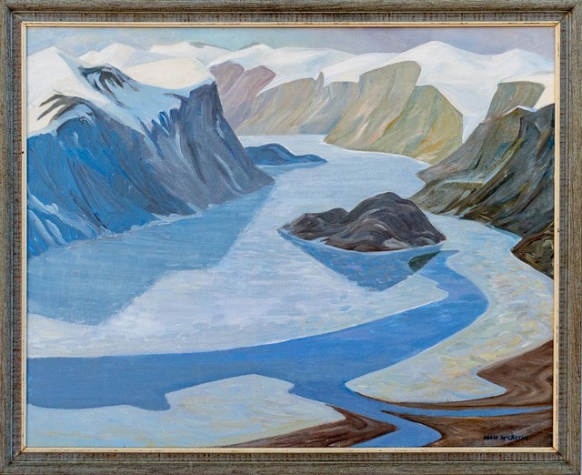 Doris McCarthy, ‘Pangnirtung - Depiction of Arctic landscape in tones of blues and browns’, 1973, Painting, Acrylic paint, canvas, Oeno Gallery