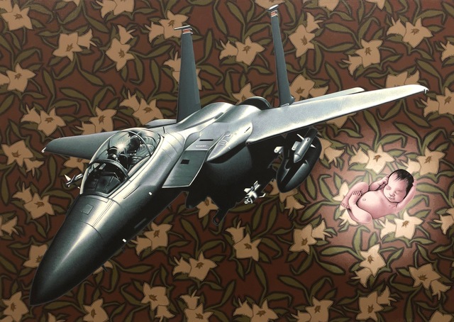 Stephen Hall, ‘Painting of fighter plane with baby: 'Immaculate Deception'’, 2018, Ivy Brown Gallery