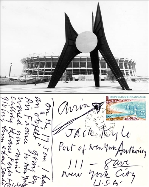 Alexander Calder, ‘Signed Note to Jack Kyle, World Trade Center Engineer for the Port Authority of New York, on Stamped and Postmarked (Franked) Postcard of Calder Sculpture’, 1969, Alpha 137 Gallery Gallery Auction
