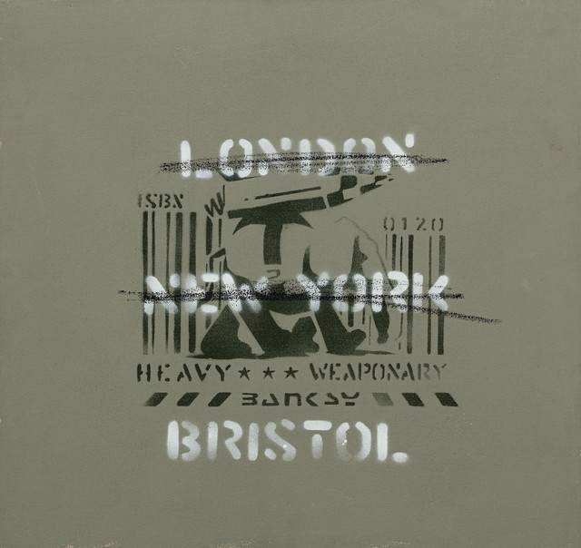 Banksy, ‘Heavy Weaponry (London, New York, Bristol) (Canvas)’, 2000, Painting, Stencil spray paint on canvas, Andipa