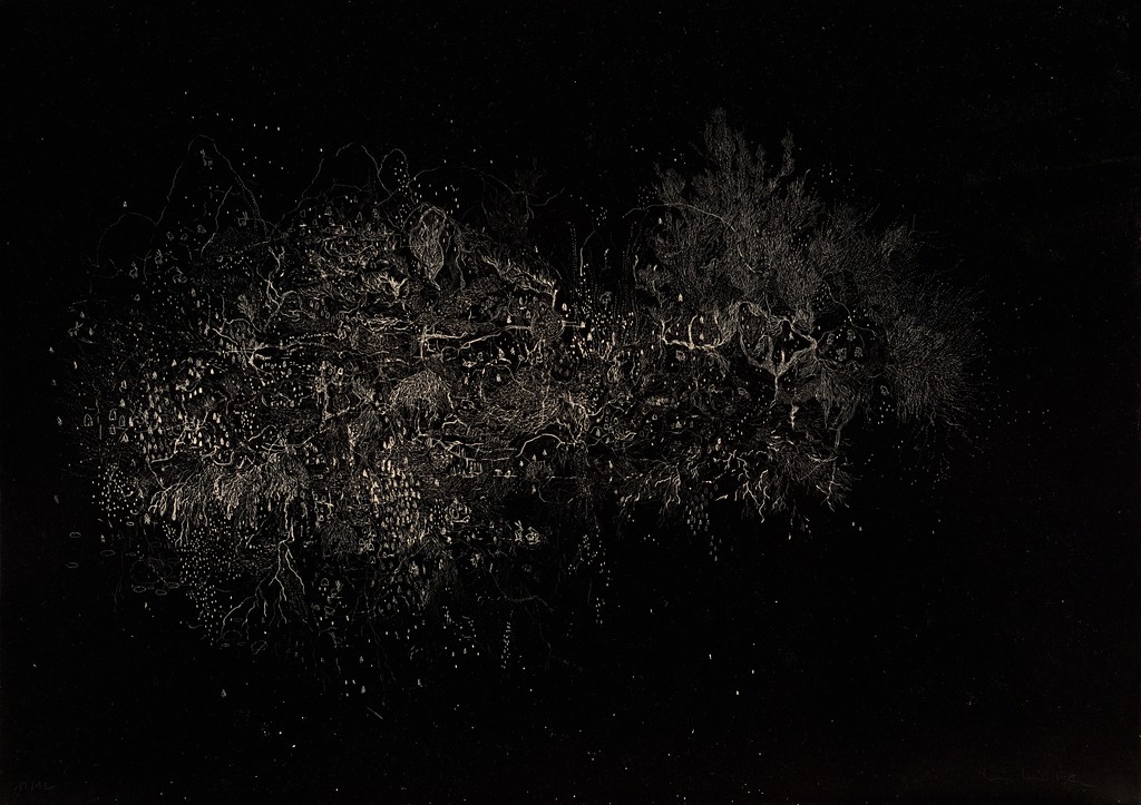 Nuiit. 4 eaux fortes, imprimées sur papier japon Mingheishi marouflée sur papier Hahnenmühle, 50×70 cm, 2015.
Nuiit. 4 eaux fortes, imprimées sur papier japon Mingheishi marouflée sur papier Hahnenmühle, 50×70 cm, 2015.