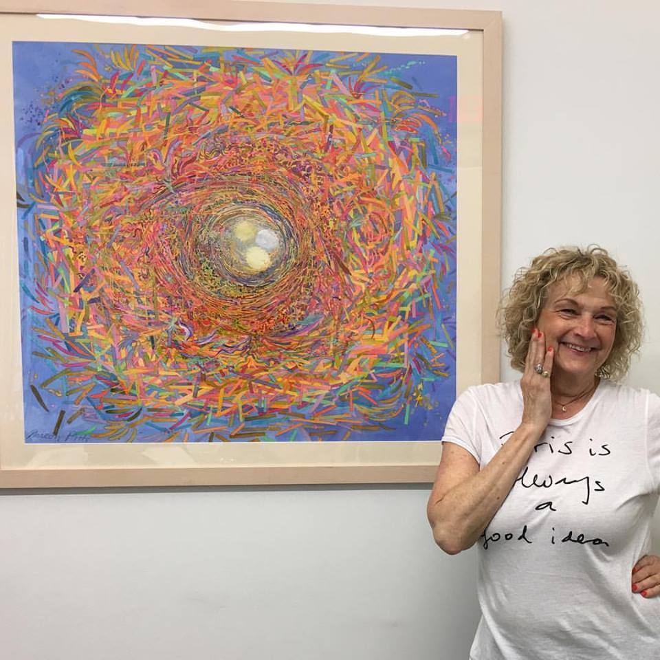 Artist Sharon Pitts with "Mardi Gras Nest." Her magnificent watercolor nest series is now installed! Artist Sharon Pitts with "Mardi Gras Nest." Her magnificent watercolor nest series is now installed!