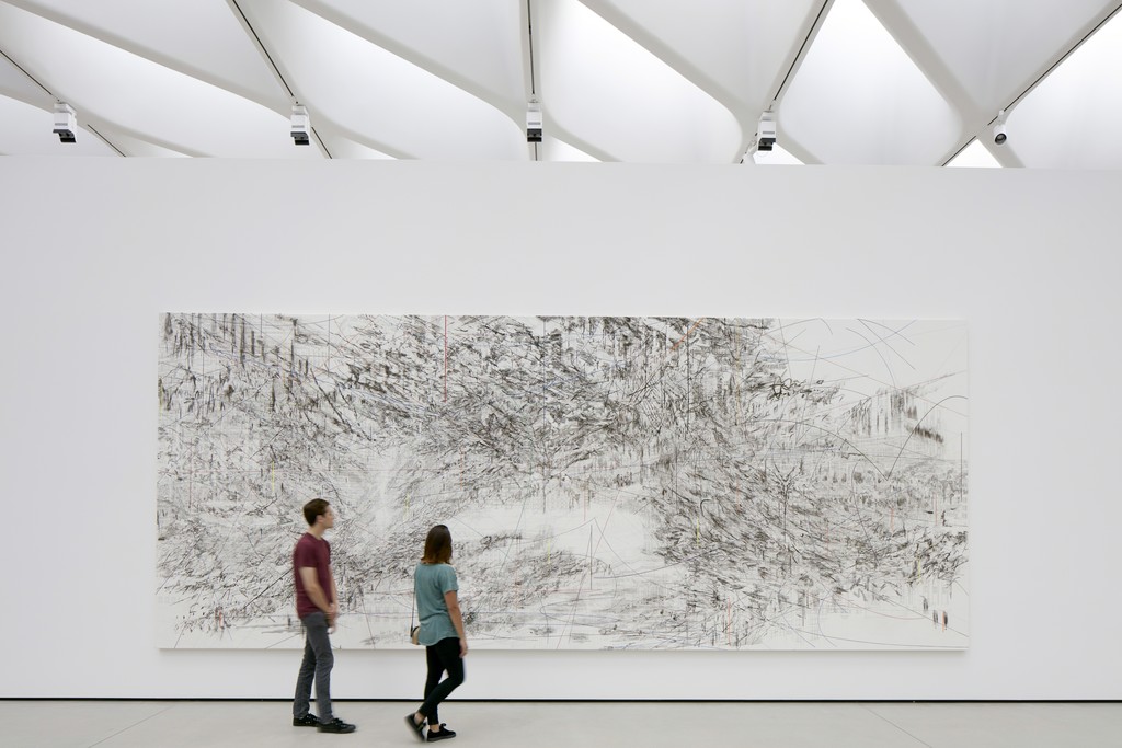 Installation of Julie Mehretu's Cairo in The Broad's third-floor galleries; photo by Bruce Damonte, courtesy of The Broad and Diller Scofidio + Renfro Installation of Julie Mehretu's Cairo in The Broad's third-floor galleries; photo by Bruce Damonte, courtesy of The Broad and Diller Scofidio + Renfro