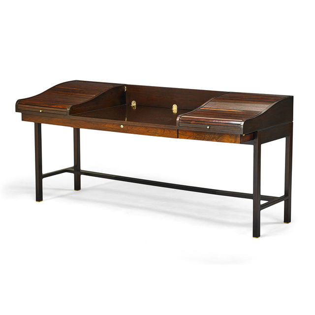 Edward Wormley, ‘Tambour Desk, Berne, IN’, 1960s, Design/Decorative Art, Lacquered Mahogany, Rosewood, Leather, Brass, Rago/Wright