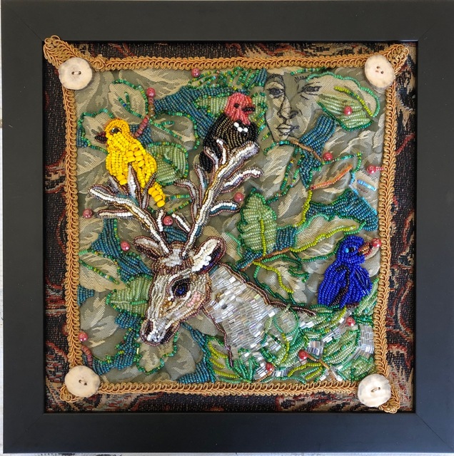 Mary Josephson, ‘Between Two Worlds’, 2019, Textile Arts, Glass beads, embroidery on tapestry, framed, Friesen Gallery