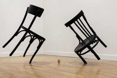 Confidence", 2018 wood, iron, teflon, paints, forces: gravity, variable dimensions Confidence", 2018 wood, iron, teflon, paints, forces: gravity, variable dimensions