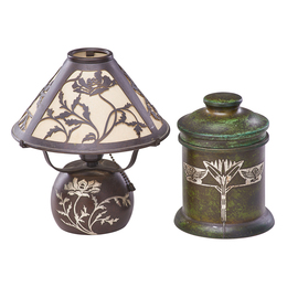 Sterling-On-Bronze Boudoir Lamp With Poppies And Humidor, USA