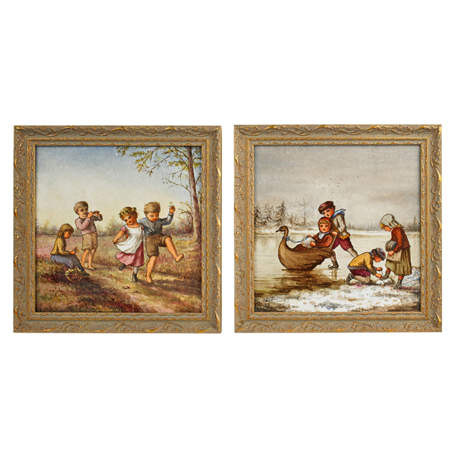 Linnie Watt, ‘Two Tiles With Scenes Of Children At Play In Winter And Summer (Framed), England’, ca. 1900, Rago/Wright
