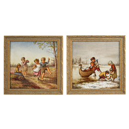 Two Tiles With Scenes Of Children At Play In Winter And Summer (Framed), England