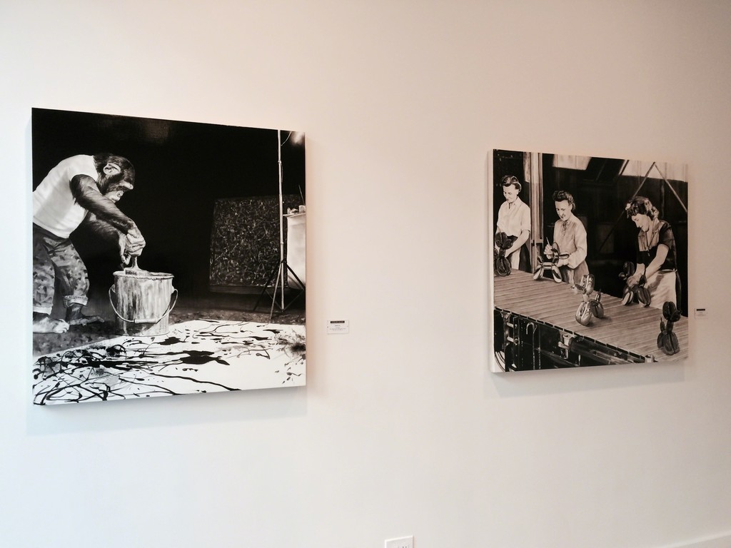 "The Forgery" 2014 (left), "The Creative Process" 2014 (right), black oil and white gesso on wood panel "The Forgery" 2014 (left), "The Creative Process" 2014 (right), black oil and white gesso on wood panel