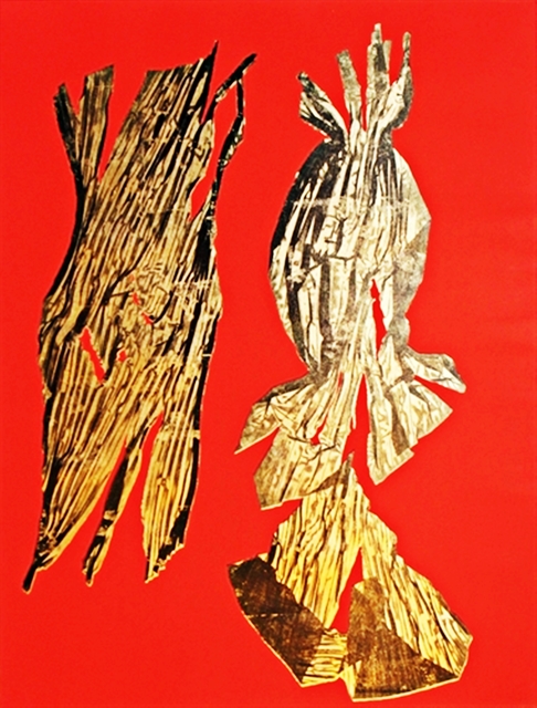 Lynda Benglis, ‘DUAL NATURES (Framed with label from AIDS Project Los Angeles)’, 1990, Mixed Media, Lithograph with Gold Leaf on hand painted red gouache paper (Signed/Numbered) - Framed, Alpha 137 Gallery