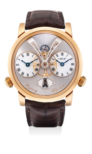 MB & F, ‘A fine and attractive pink gold three-dimensional dual time wristwatch with flying balance wheel, vertical power reserve indicator, international warranty and fitted presentation box’, Circa 2013, Phillips