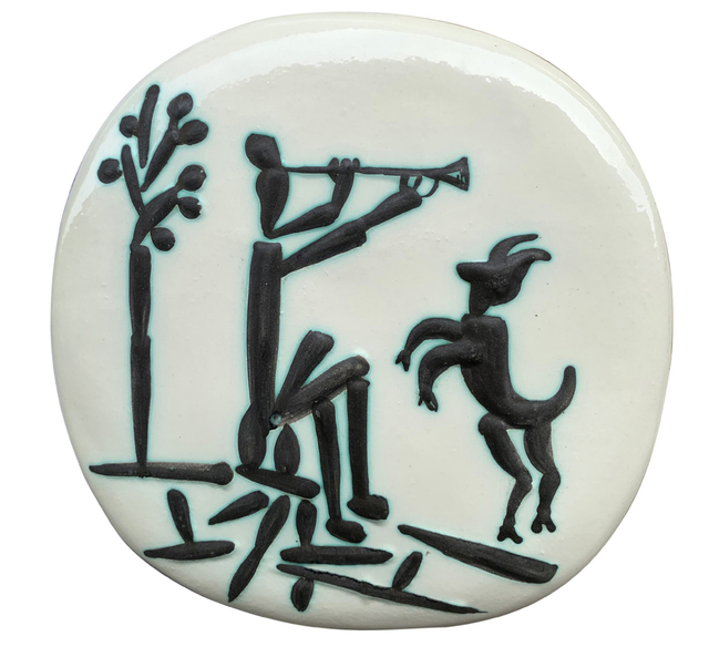 Pablo Picasso, ‘Joueur de flûte et chèvre’, 1956, Sculpture, White earthenware clay, engraving accentuated with oxidized paraffin, glazebath ivory, brown, BAILLY GALLERY