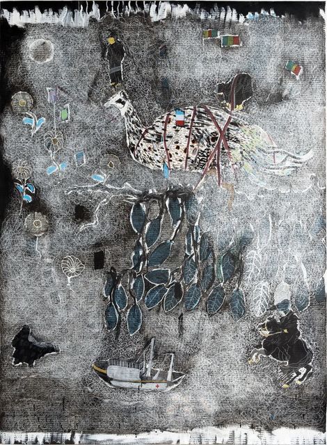 Omar Ba, ‘This Way is Not Easy 2’, 2011, Painting, Oil, pencil, ink on corrugated, Galerie Anne de Villepoix