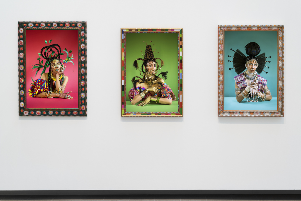 Installation view of Martine Gutierrez, Indigenous Woman (2018), in Kiss My Genders, Hayward Gallery. Copyright the artist, courtesy RYAN LEE Gallery, New York. Photo: Thierry Bal. Installation view of Martine Gutierrez, Indigenous Woman (2018), in Kiss My Genders, Hayward Gallery. Copyright the artist, courtesy RYAN LEE Gallery, New York. Photo: Thierry Bal.