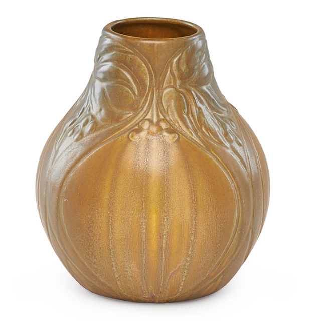 Van Briggle, ‘Early Vase with Virginia Creepers, Brown and Celadon Glaze, Colorado Springs, CO’, 1904, Rago/Wright