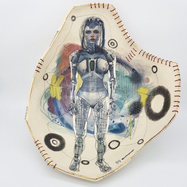Yurim Gough, ‘Ok GOOGLE’, 2020, Sculpture, Life drawing on stoneware with ceramic pencil, transfers, gold, thread, Paradigm Gallery + Studio